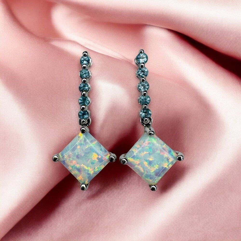 10K White Gold- Opal & Blue Topaz Dangle Earrings- 25mm Rainbow Earrings- 2g - Picture 9 of 16